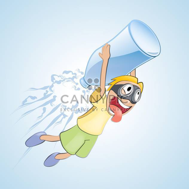 Vector illustration of boy flies with bottle of water on blue background - Free vector #125755