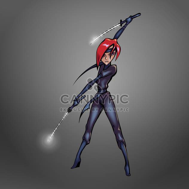 Vector illustration of red hair ninja woman weapon in hands on grey background - Free vector #126215
