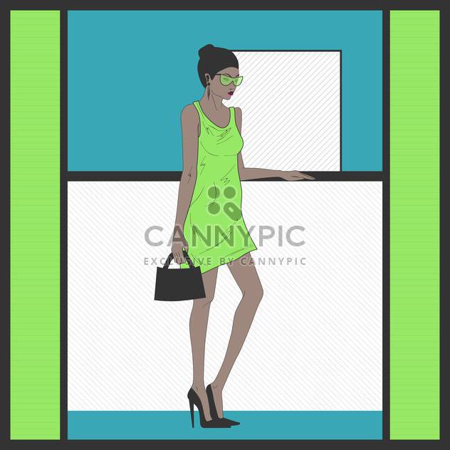 Stylish cartoon woman in green dress standing near the reception desk - vector gratuit #132295 