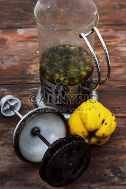 Still life of metal teapot and yellow pears - image gratuit #332775 