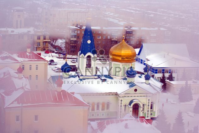Winter view of the cathedral through the frozen window, Chelyabinsk - бесплатный image #343925