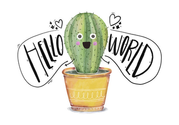 Cute Cactus Character Saying Hello World Quote - Free vector #429645