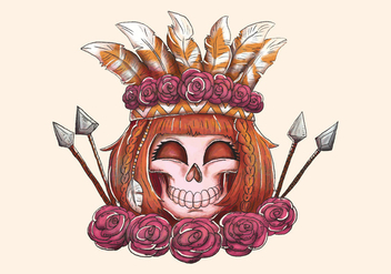 Boho Woman Skull Smiling With Arrow Roses And Feathers - vector #442455 gratis