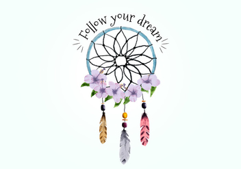 Boho Dream Catcher With Feathers And Purple Flowers Vector - Free vector #444135