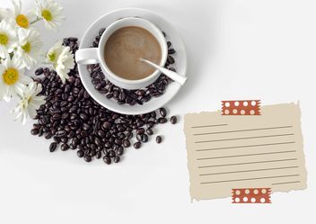 Cup of coffee, coffee beans and paper for notes - бесплатный image #452415