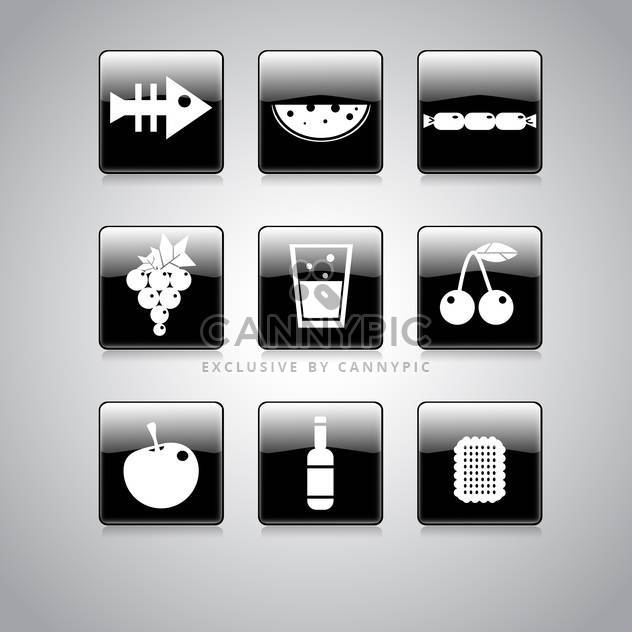 Vector set of food icons on square black and white buttons - Free vector #128955