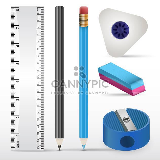 Vector illustration of erasers, pencils, ruler and sharpener on white paper - бесплатный vector #130235