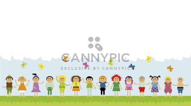 children on green field with clouds and butterflies - vector gratuit #135045 