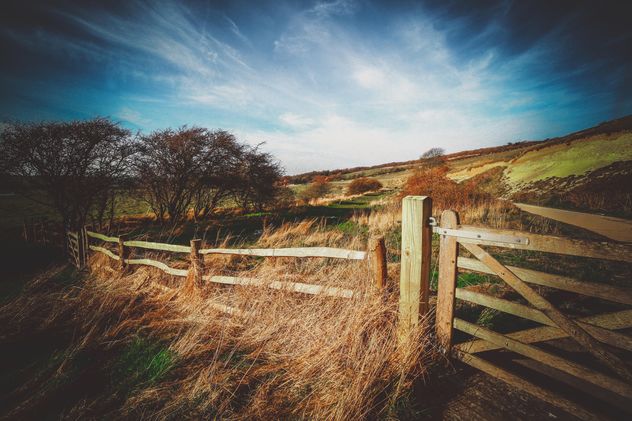 Landscape with wooden fence in field - Kostenloses image #136205