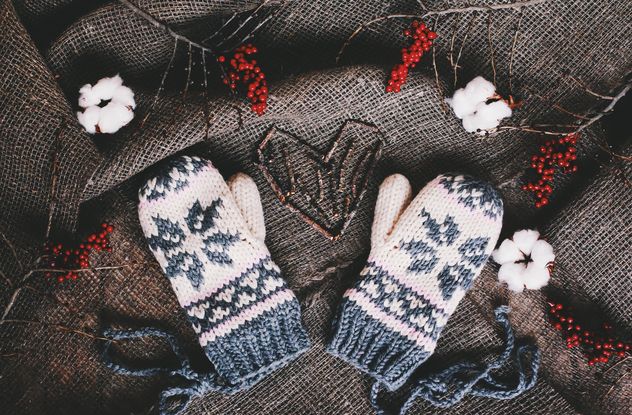 Wool mittens and red berries on background of sacking - бесплатный image #136275