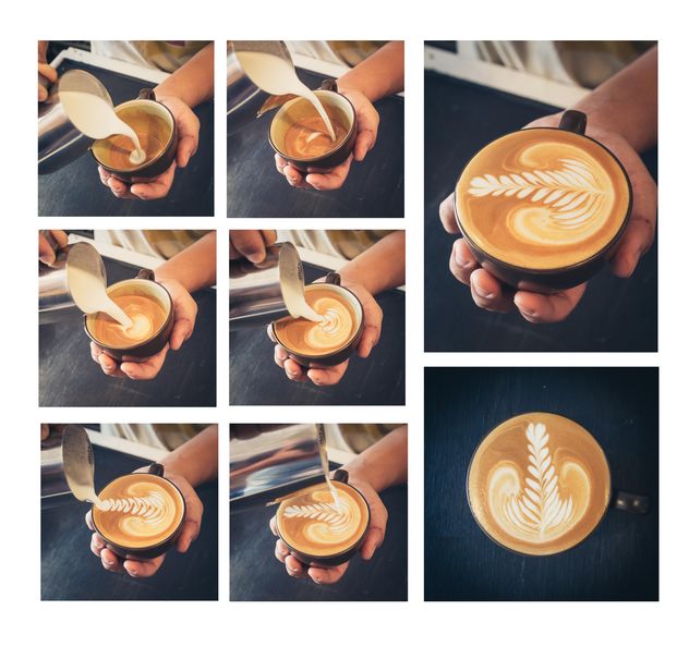 Collage of photos with coffee, how to make Latte art coffee - image gratuit #187035 