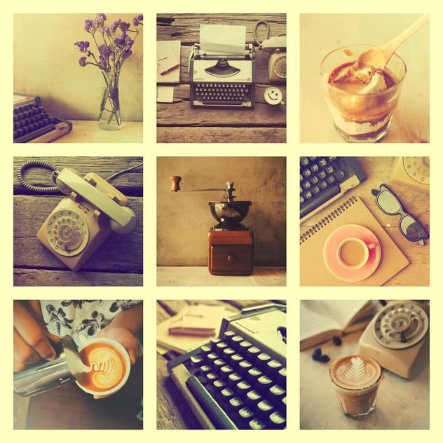 Collage of photos with coffee, retro typewriter and phone, vintage effect - Free image #187085