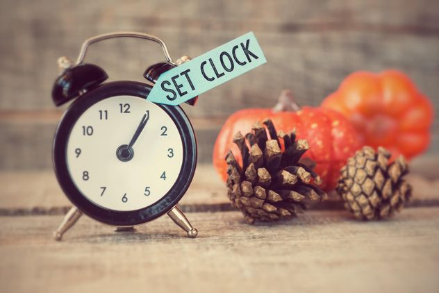 Black alarm clock with text reset clocks, pine cones and pumpkins on wooden background - бесплатный image #271595