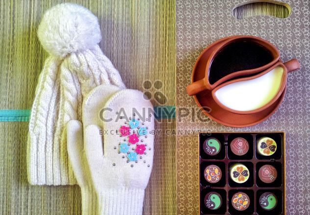 Warm hat, mittens, coffee and candies - image gratuit #272305 