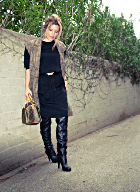 black dress black boots sleeveless coat+louis vuitton bag+black on black+vintage dress - Free image #314535