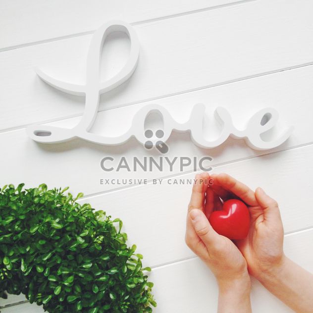 Heart in hands, word Love and green wreath on white background - image gratuit #329295 