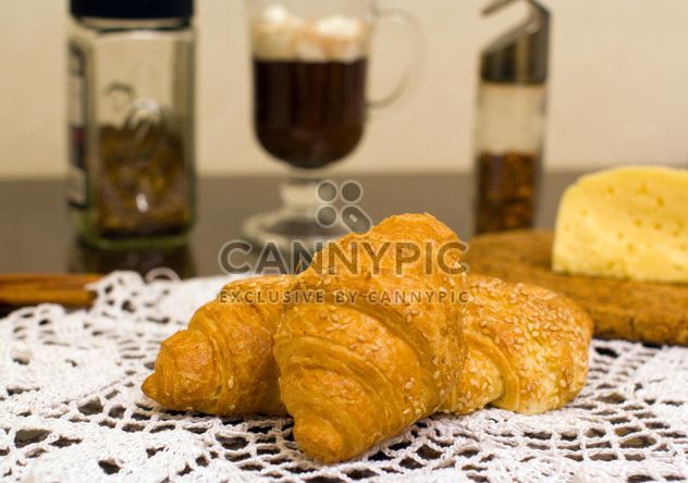 Breakfast with warm croissants and hot cocoa with marshmallows - Free image #343615